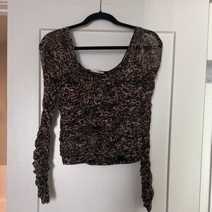Good American Leopard-Print Ruched Brown Long-Sleeve Crop Top